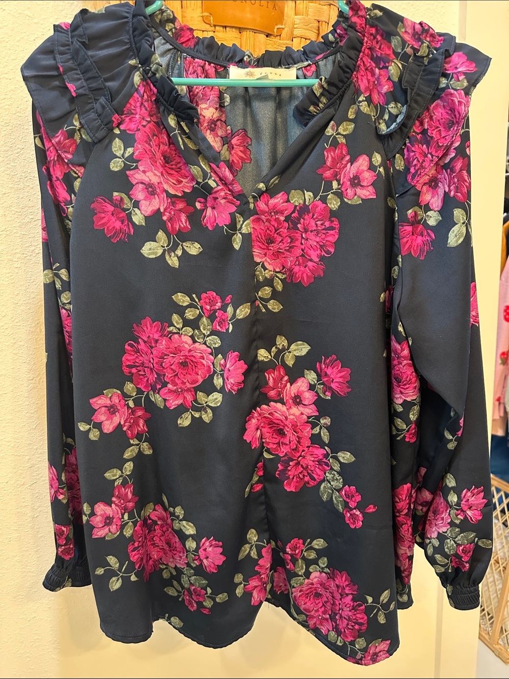Fever Navy Blouse with Pink Floral Ruffle Neck